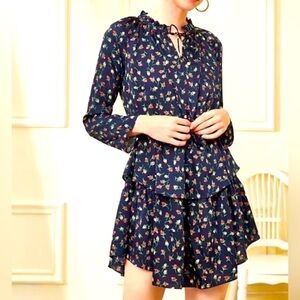 Julie Brown Dress Joanne Mini Floral Print Tie Neck Tiered Hem Wanderlust.